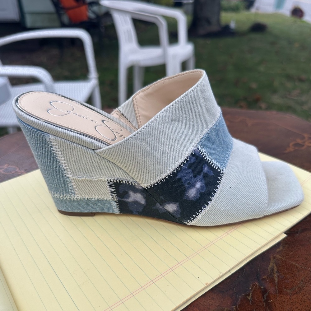 Jessica Simpson Blue and Black Patchwork Wedges